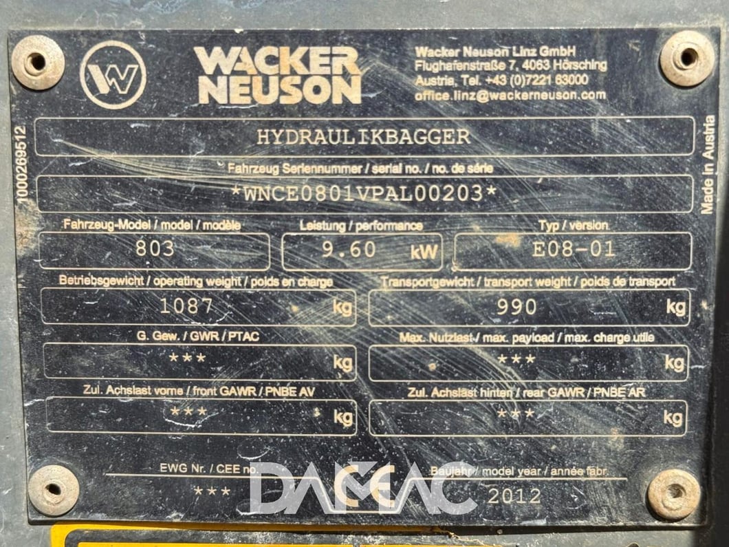 2012 Wacker Neuson 803 Mini Excavator