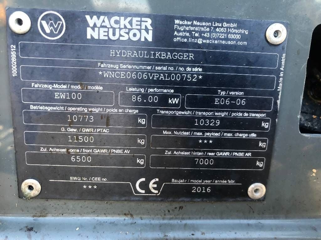 2016 Wacker Neuson EW100 Wheel Excavator