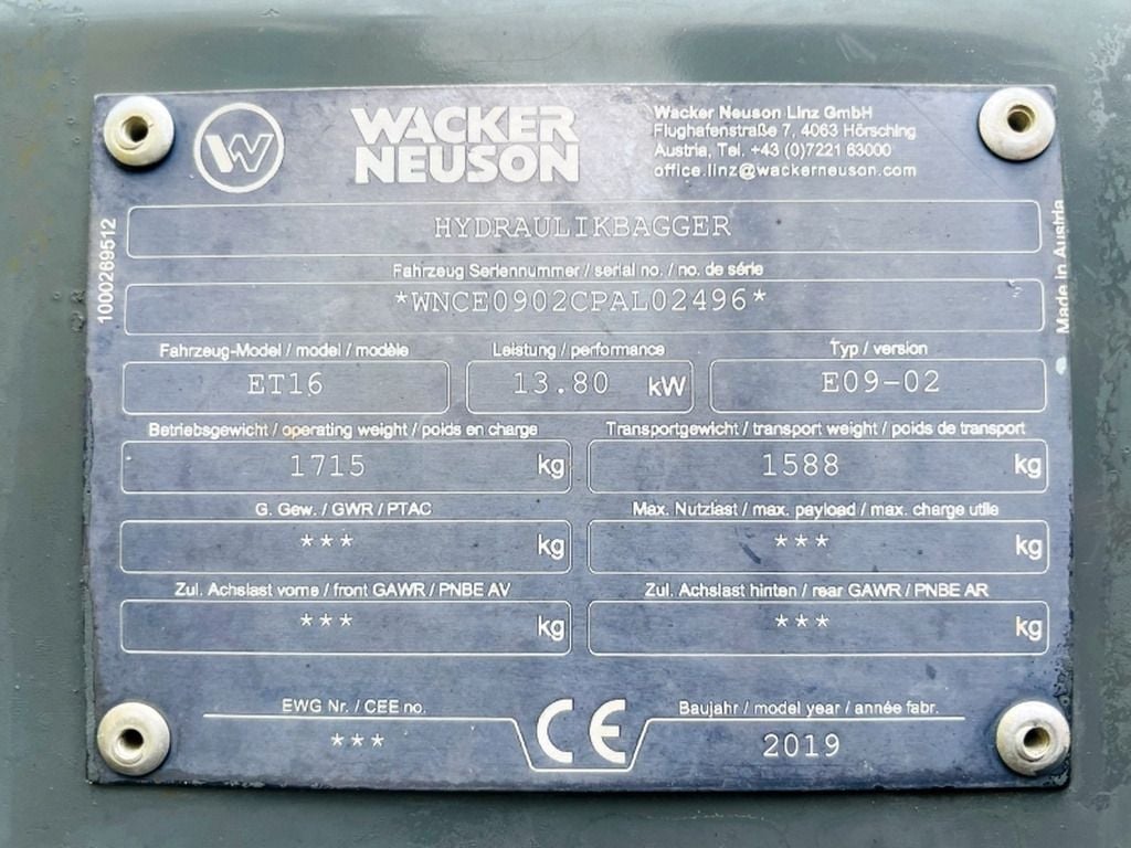 2019 Wacker Neuson ET16 Mini Excavator