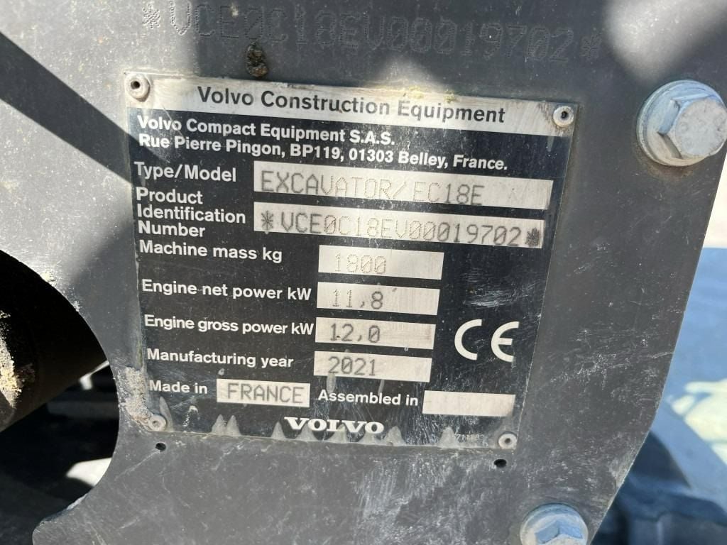 2021 Volvo EC18E Mini Excavator