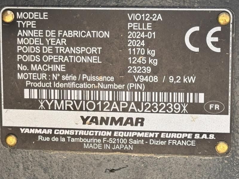 2024 Yanmar VIO12-2A Mini Excavator