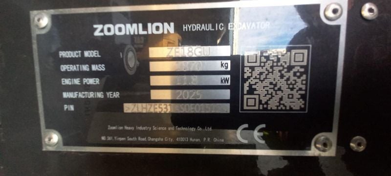 2025 Zoomlion ZE18GU Mini Excavator