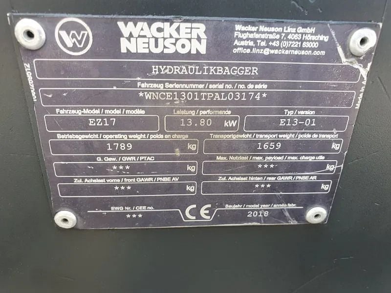 2018 Wacker Neuson EZ17 Mini Excavator