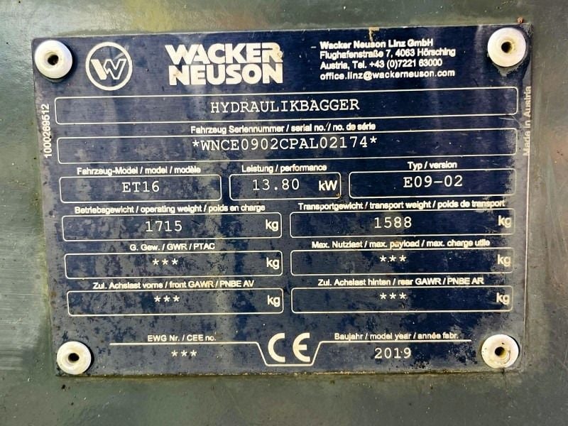 2019 Wacker Neuson ET16 Mini Excavator
