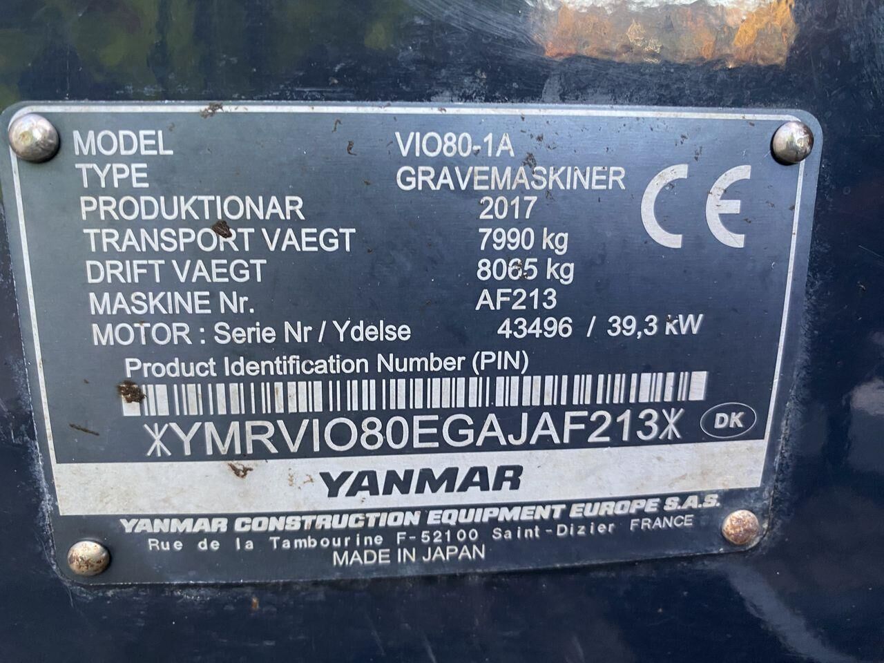 2017 Yanmar VIO80-1A Mini Excavator