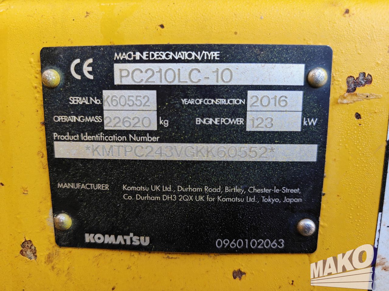2016 Komatsu PC210LC-10 Crawler Excavator