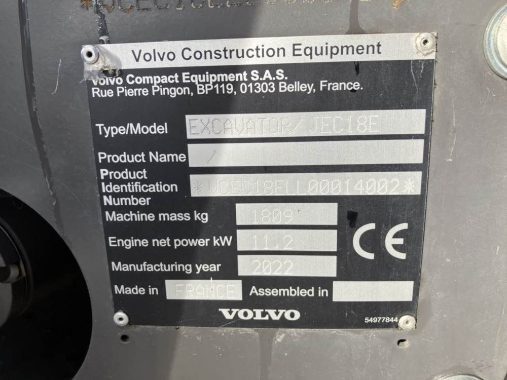 2022 Volvo JEC18E Mini Excavator