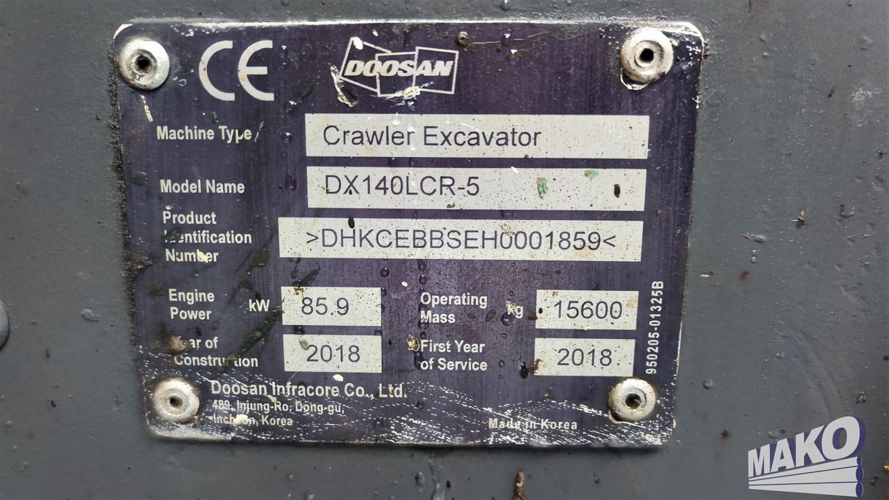 2018 Doosan DX140LCR-5 Crawler Excavator