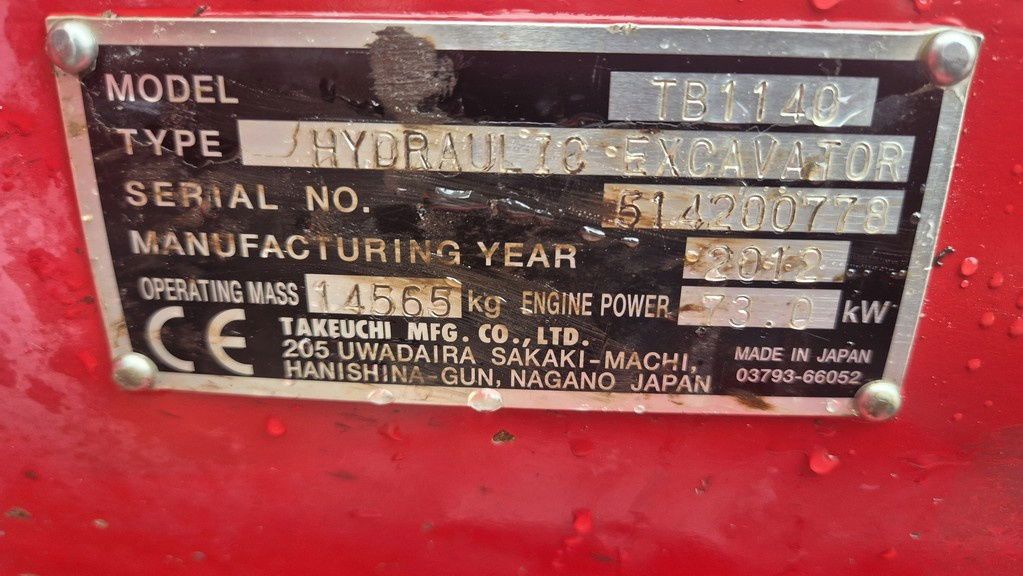 2012 Takeuchi TB1140 Crawler Excavator