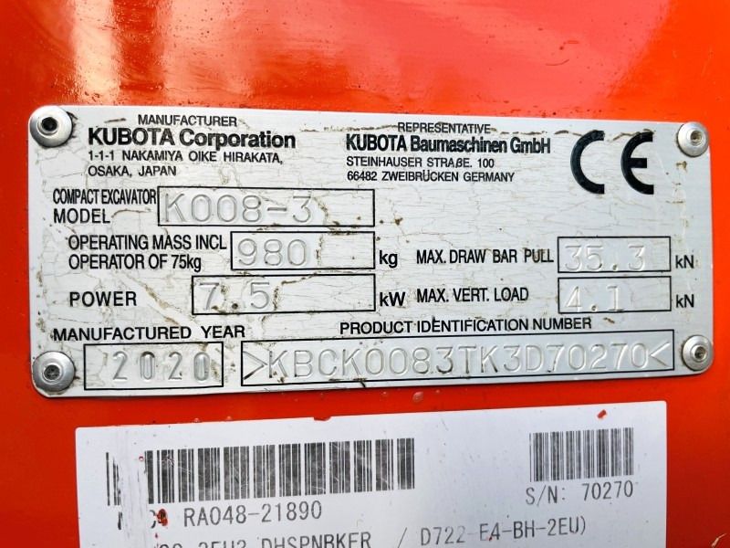 2020 Kubota K008-3 Mini Excavator