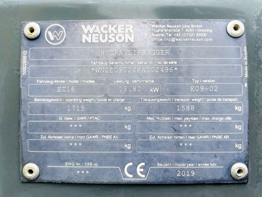2019 Wacker Neuson ET16 Mini Excavator