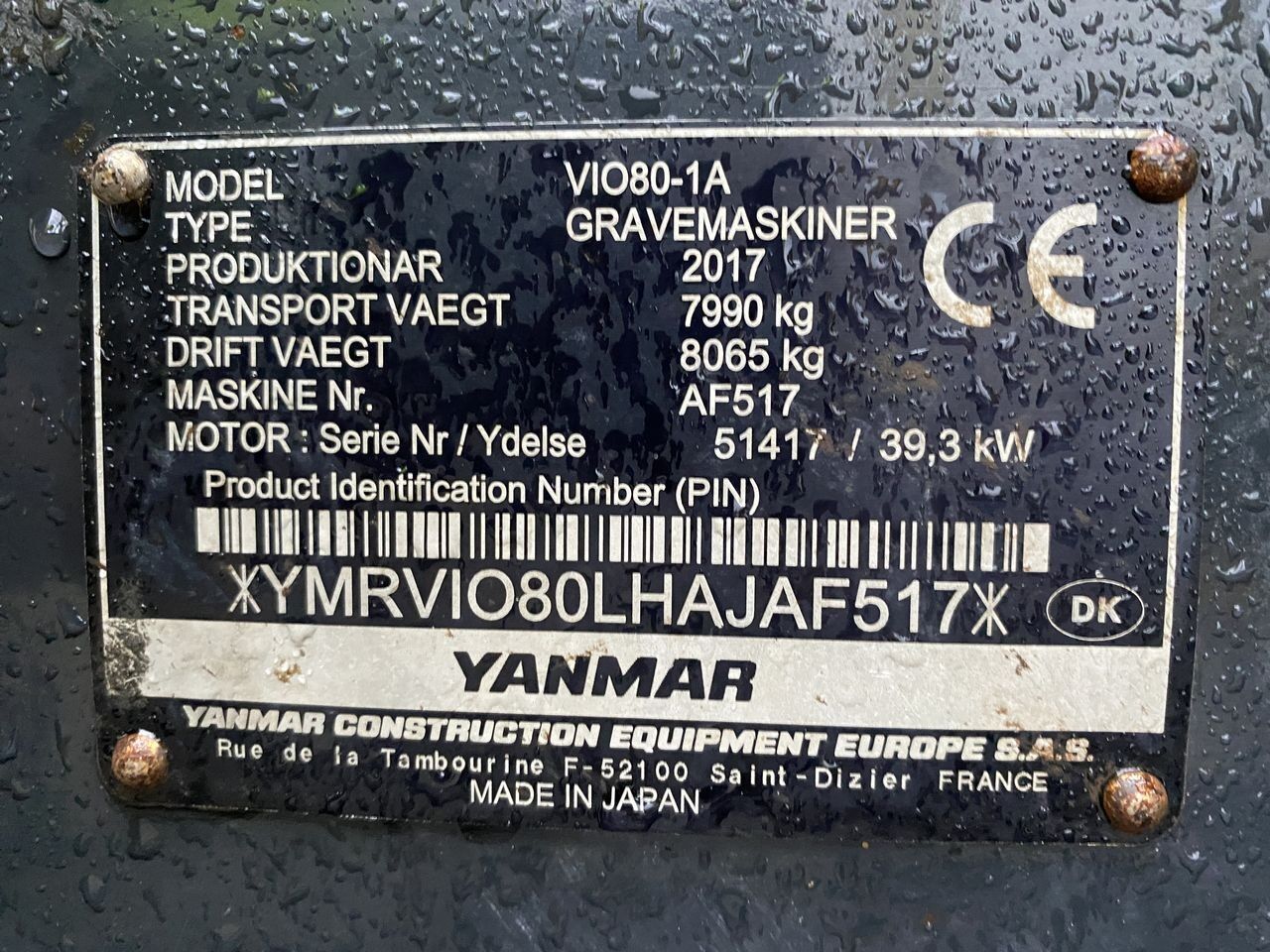 2017 Yanmar VIO80-1A Mini Excavator
