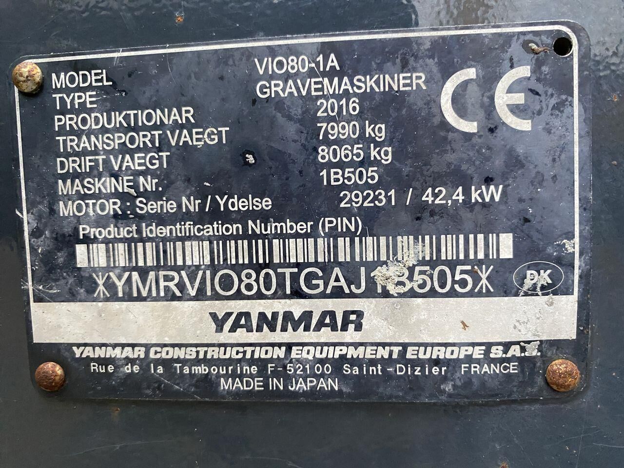 2016 Yanmar VIO80-1A Mini Excavator