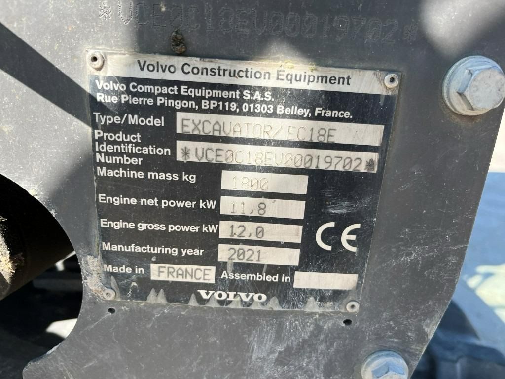 2021 Volvo EC18E Mini Excavator
