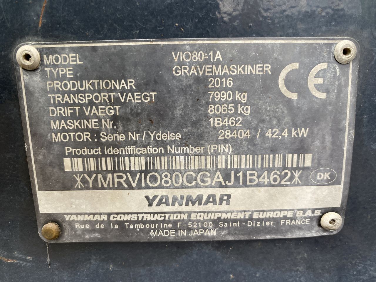 2016 Yanmar VIO80-1A Mini Excavator