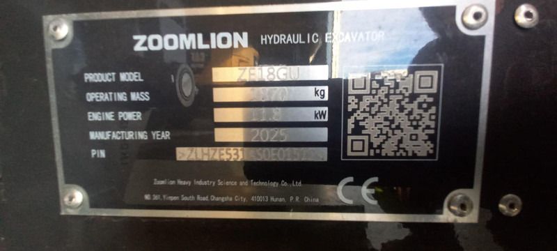 2025 Zoomlion ZE18GU Mini Excavator