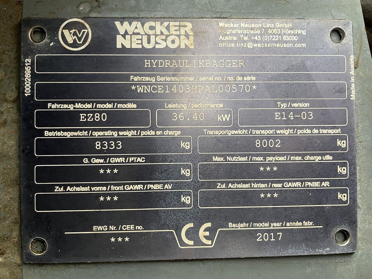 2017 Wacker Neuson EZ80 Mini Excavator