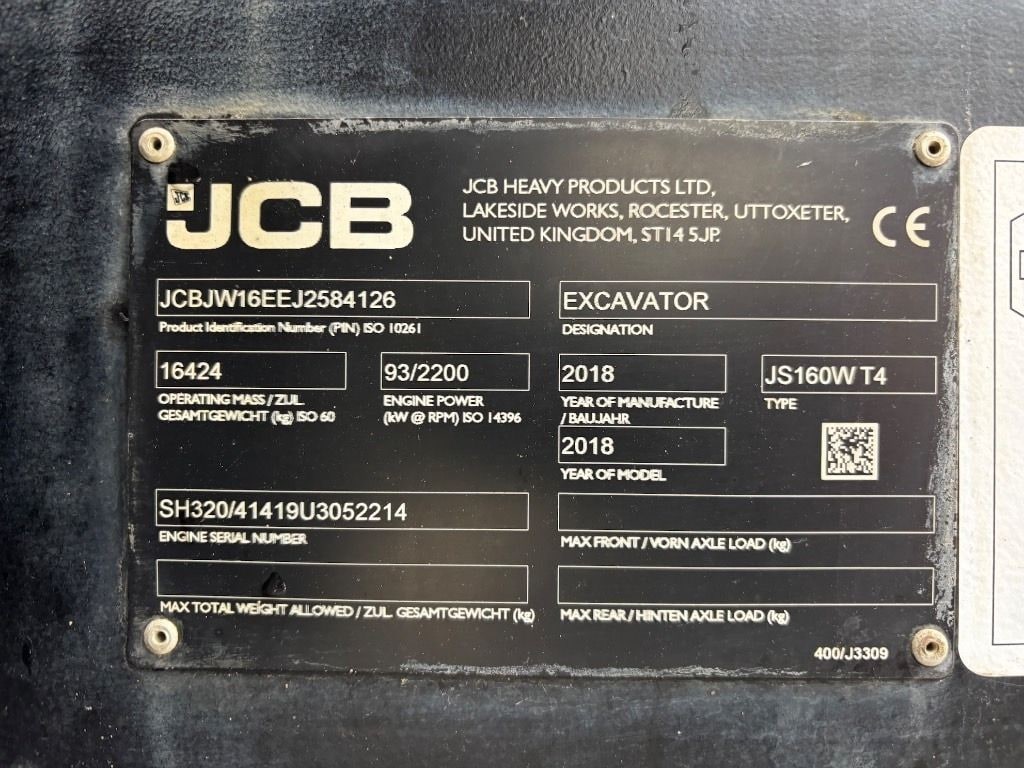 2018 JCB JS145W Wheel Excavator