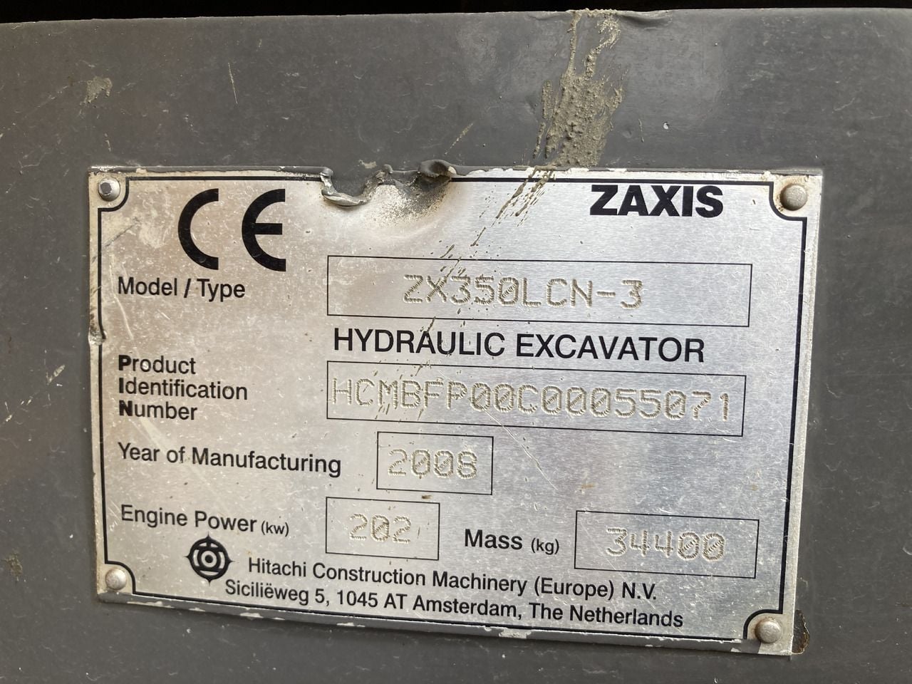 2008 Hitachi ZX350LCN-3 crawler excavator identification plate 2008 Hitachi ZX350LCN-3 crawler excavator identification plate