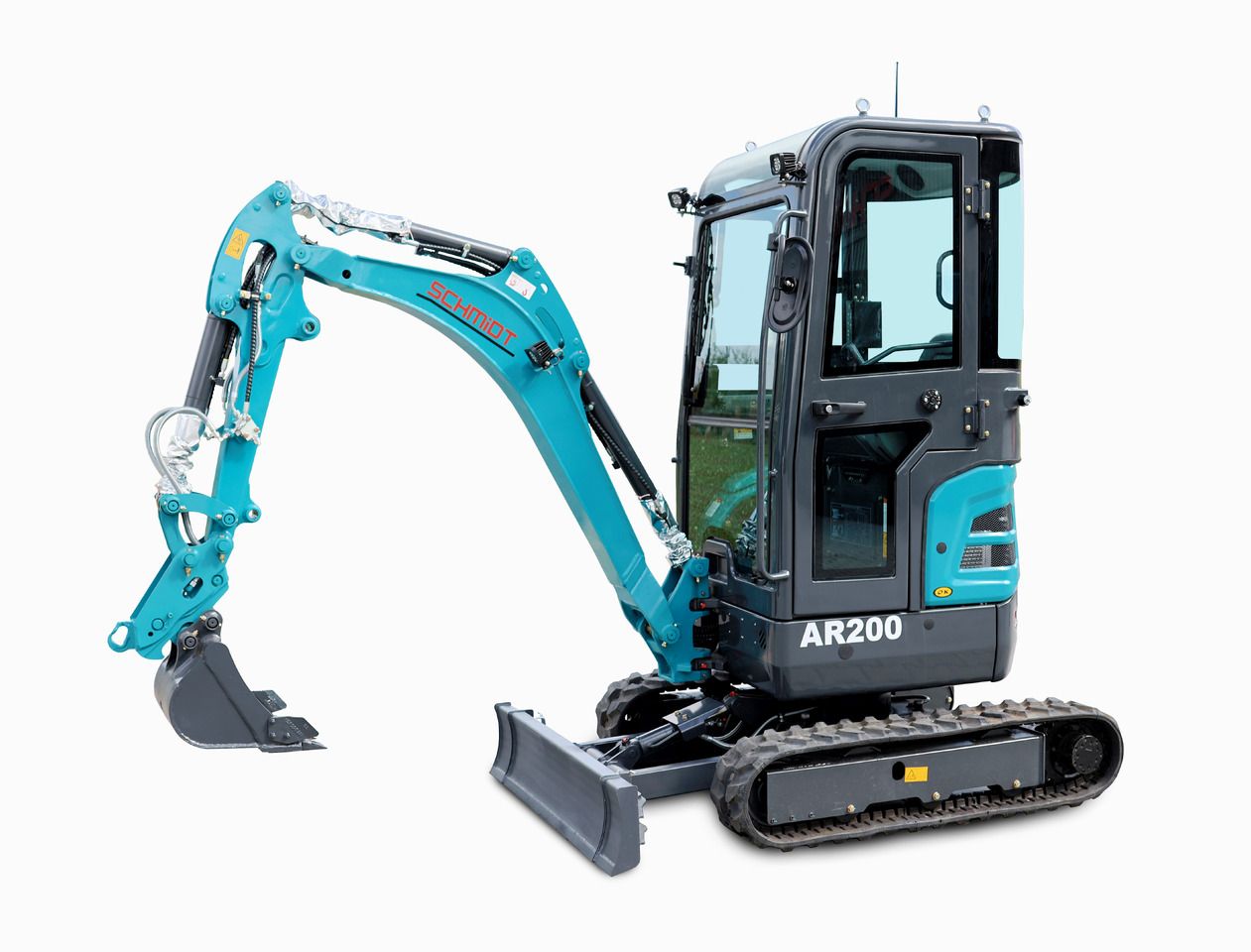 2025 Schmidt AR200 Mini Excavator with teal boom and arm extended forward, showing the bucket and dozer blade. 2025 Schmidt AR200 Mini Excavator with teal boom and arm extended forward, showing the bucket and dozer blade.